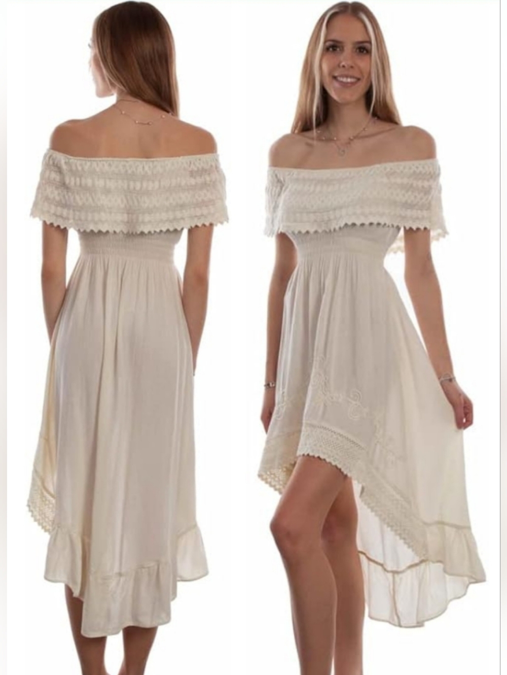 Scully Western Dress Sz S Cream Peruvian Cotton Lace Trim Off Shoulder Hi-Low